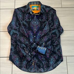 Robert Graham Black and Blue Embroidered Long-Sleeve Button-Down Dress Shirt XL